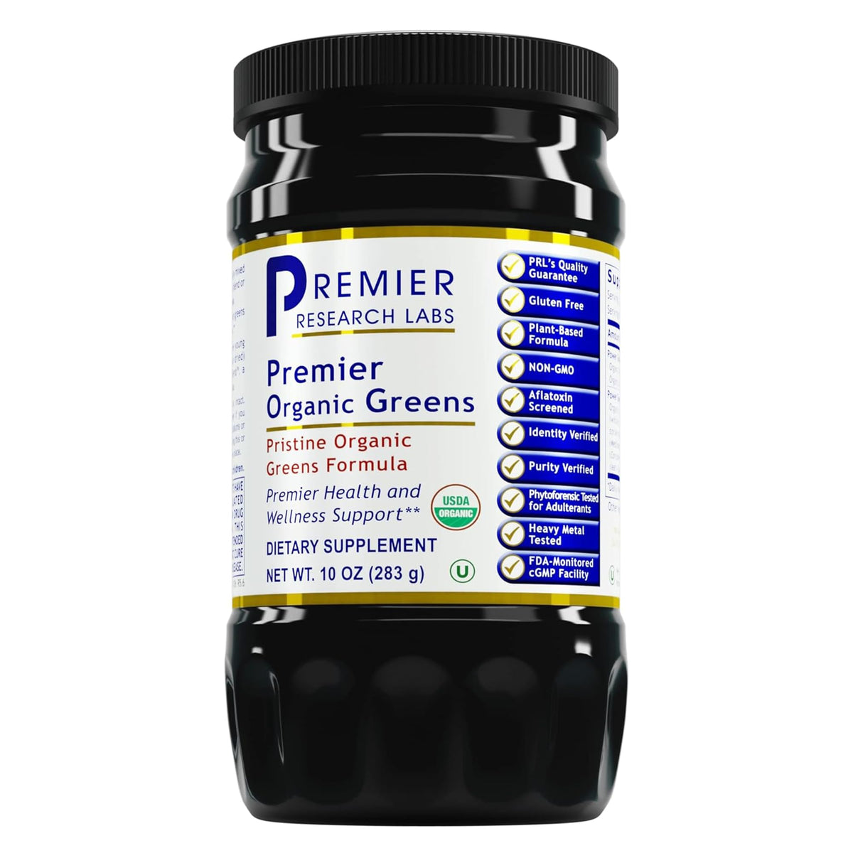 Premier Research Labs Premier Organic Greens bottle with vibrant greens for daily nutrition.