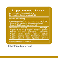 Premier Organic Greens label on premium packaging.