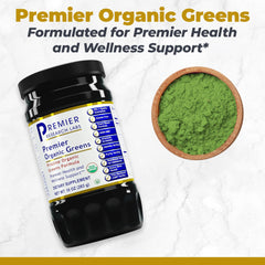 Premier Organic Greens scoop measuring powder for smoothies.