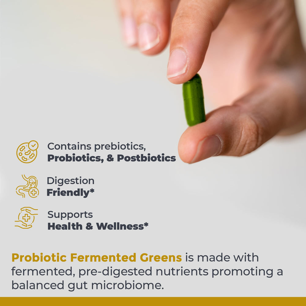 Premier Research Labs Probiotic Fermented Greens capsules for plant-based daily nutrition.