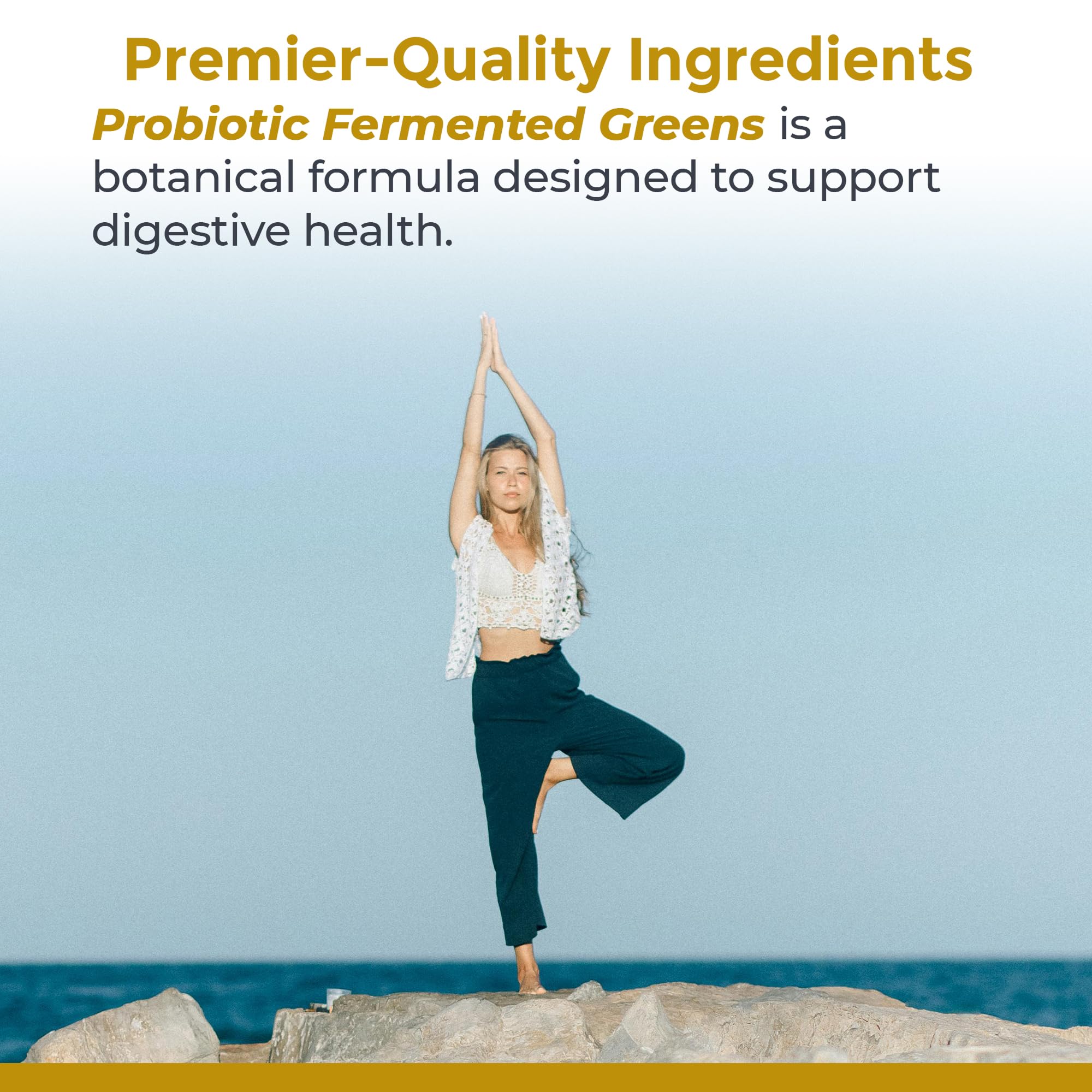 Label close-up on Premier Research Labs Fermented Greens highlighting ingredients.