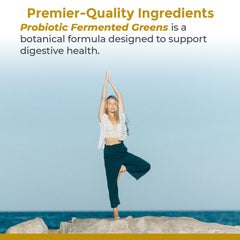 Label close-up on Premier Research Labs Fermented Greens highlighting ingredients.