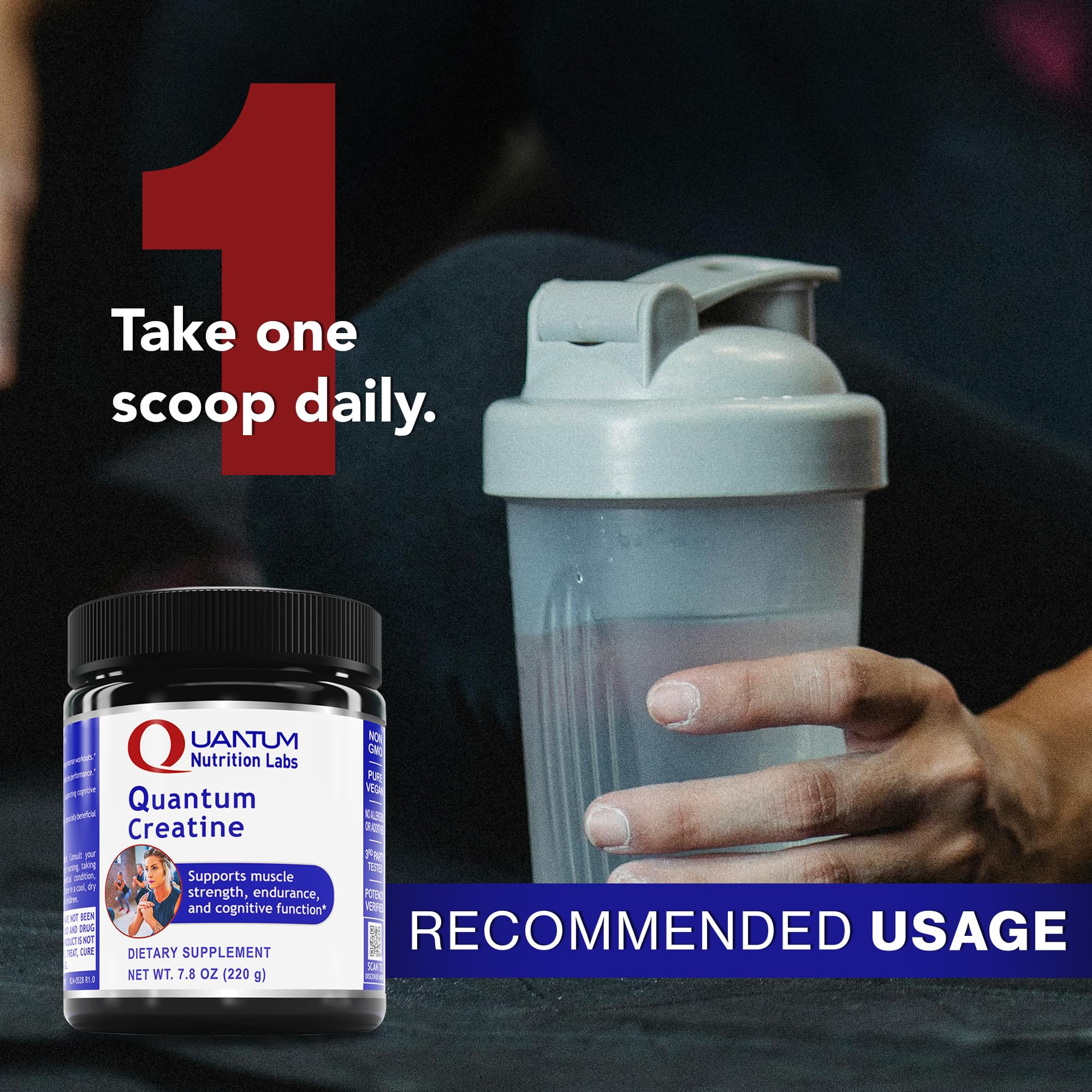 Quantum Creatine powder mixing glass shows easy shake integration.