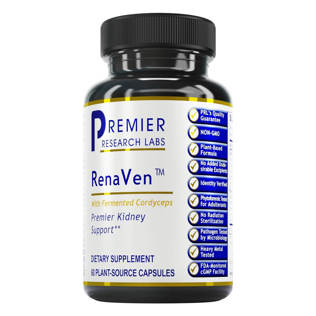 Premier Research Labs RenaVen bottle front showing kidney support capsules for daily wellness.