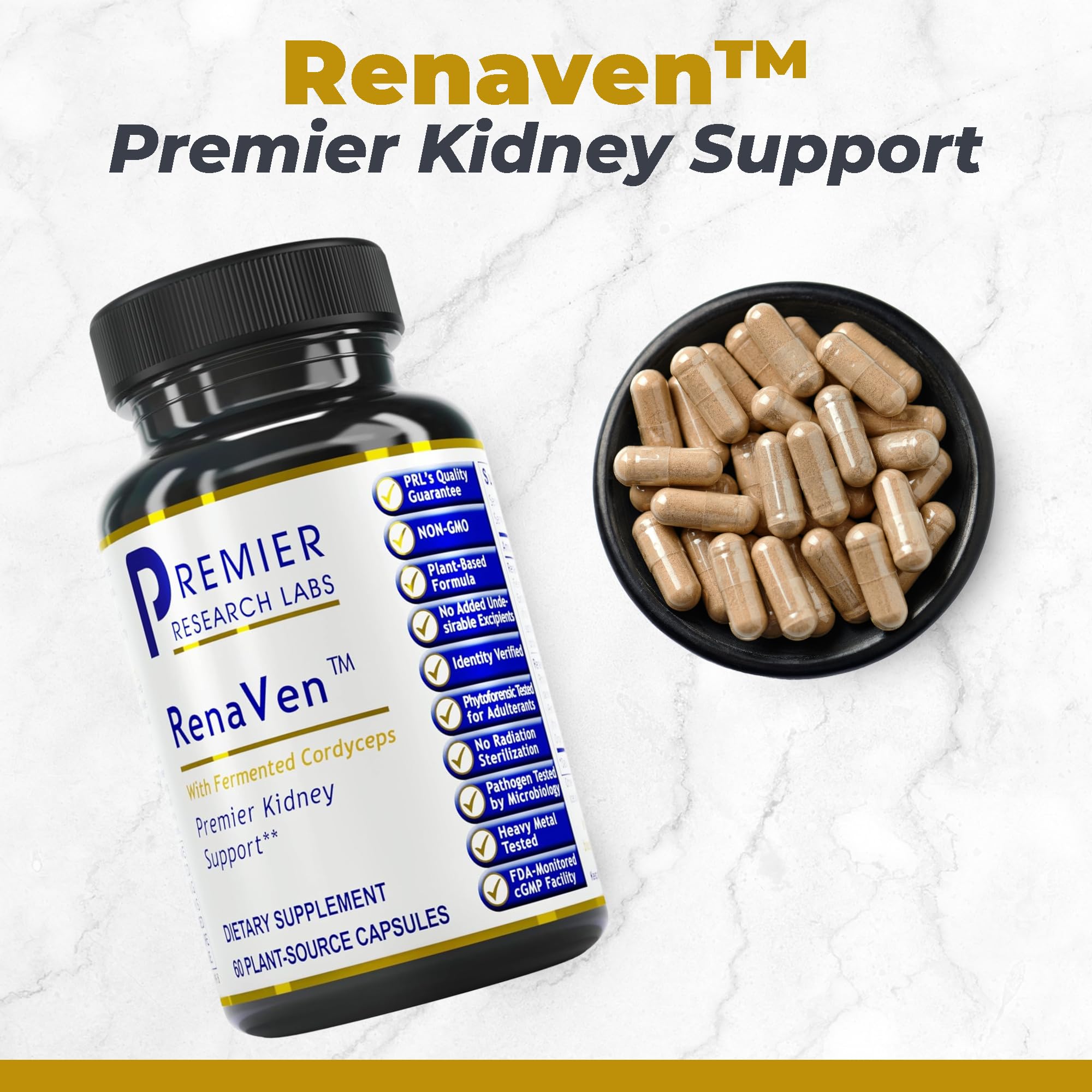 RenaVen capsules closeup highlighting plant-based capsules for kidney wellness support.