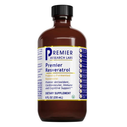 Premier Research Labs Resveratrol bottle pour shows probiotic-fermented formula for daily wellness.