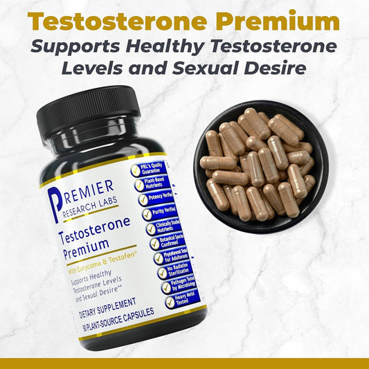 Premier Research Labs Testosterone Premium bottle back with ingredients and dosage info