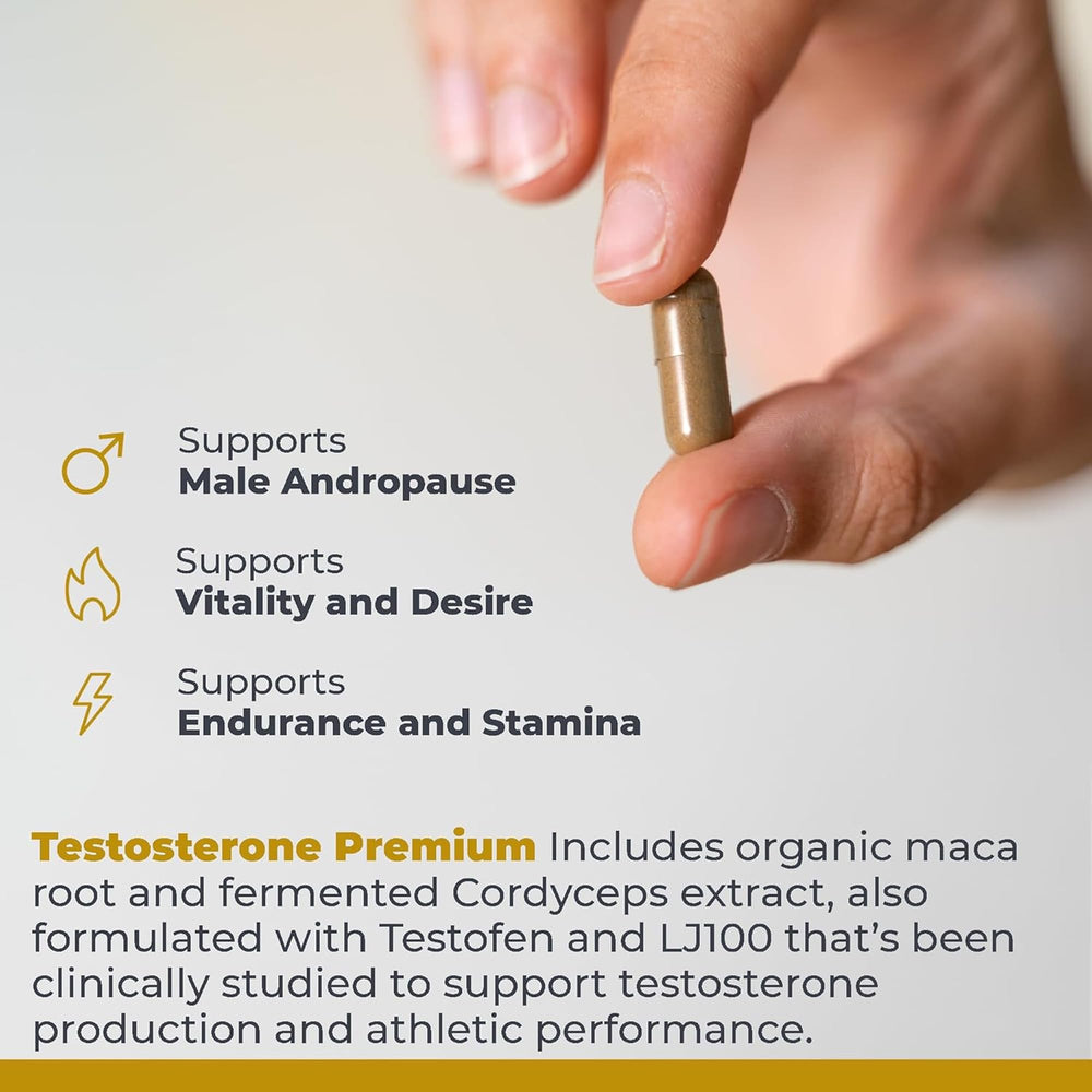 Premier Research Labs Testosterone Premium label closeup highlighting Testofen and blend