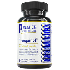 Premier Research Labs Tranquinol bottle front showing vegan sleep aid packaging for calm nights