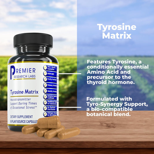 Premier Research Labs Tyrosine Matrix capsules closeup highlights high-potency L-tyrosine.