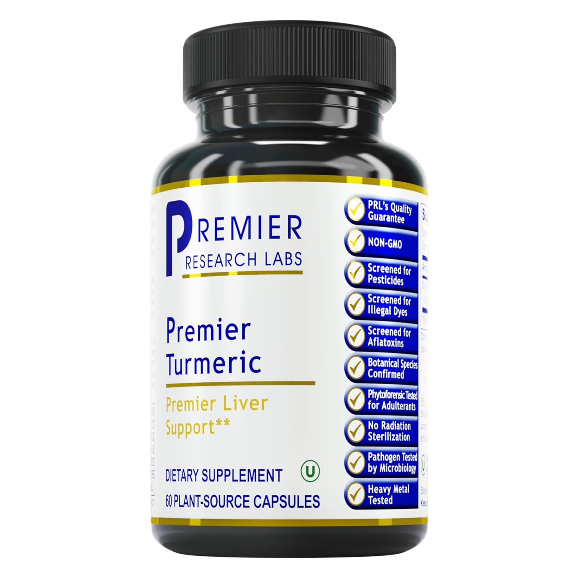 Premier Turmeric Capsules bottle front showing 500 mg per capsule for daily liver support.