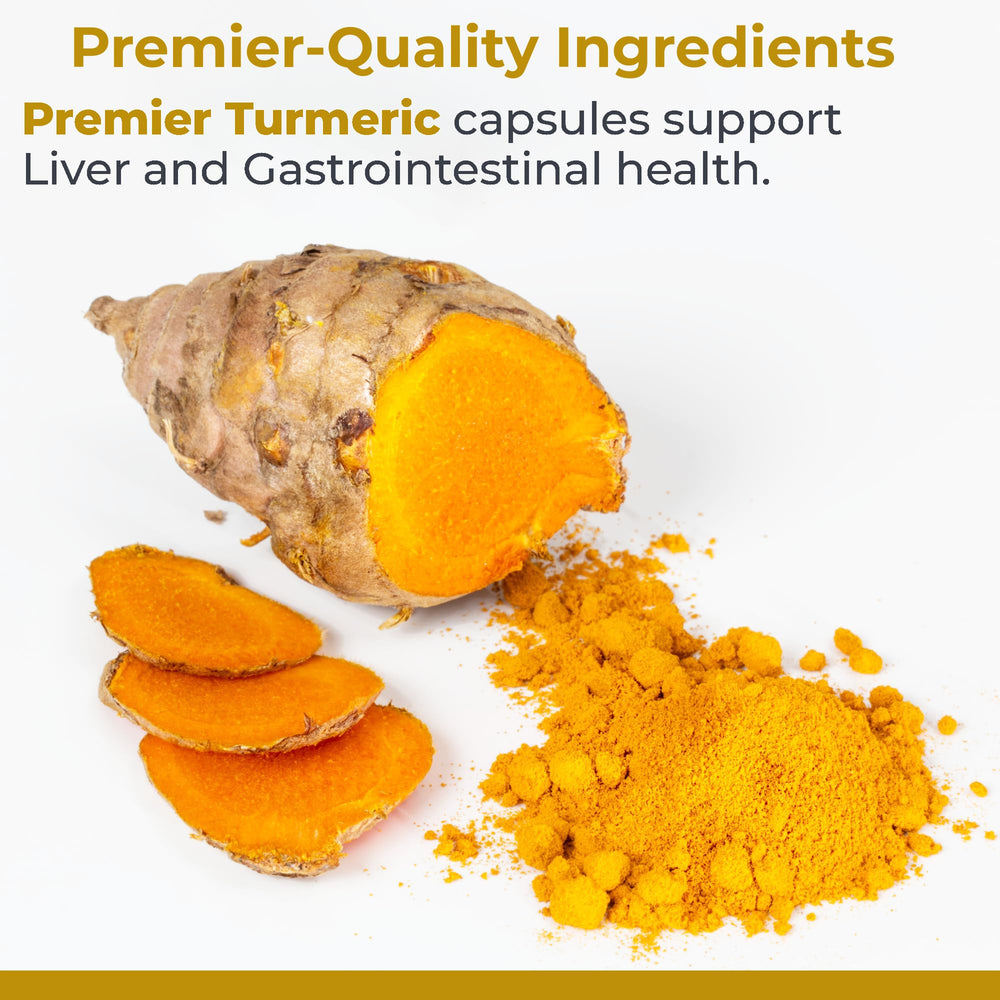 Premier Turmeric Capsules bottle front with organic turmeric emphasis.