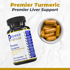 Premier Turmeric Capsules capsule close-up highlighting active curcumin content.