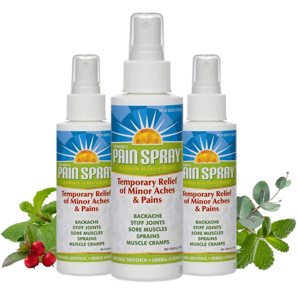 Premiere's Pain Spray menthol peppermint bottle ready for quick cooling relief.