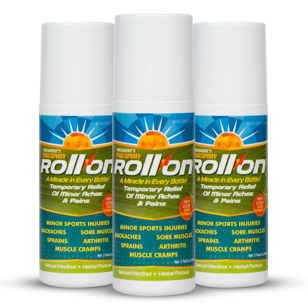 Premiere's Pain Spray bottle with menthol roller for on-the-spot relief after workouts.