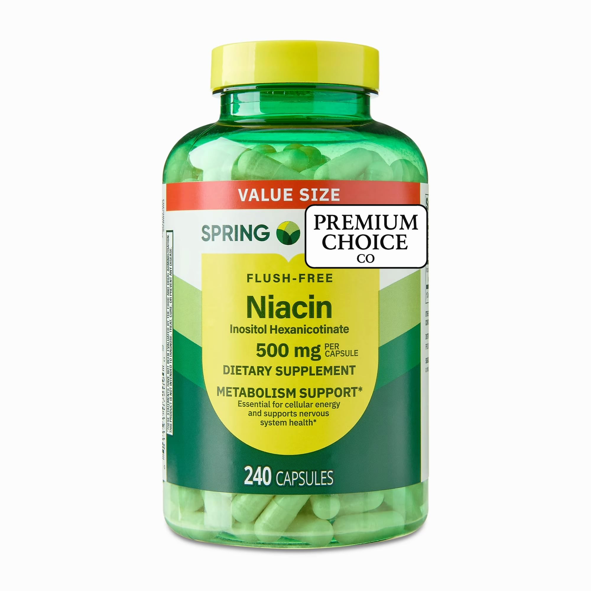 Premium Choice Co Spring Valley Niacin 500mg bottle for daily metabolism support.