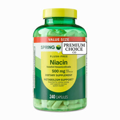Premium Choice Co Spring Valley Niacin 500mg bottle for daily metabolism support.