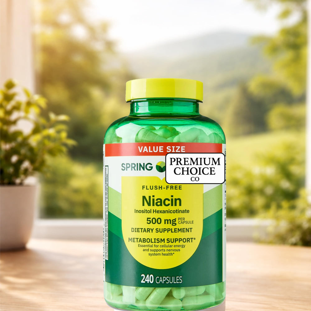 Premium Choice Co niacin label details highlight allergen-free ingredients.