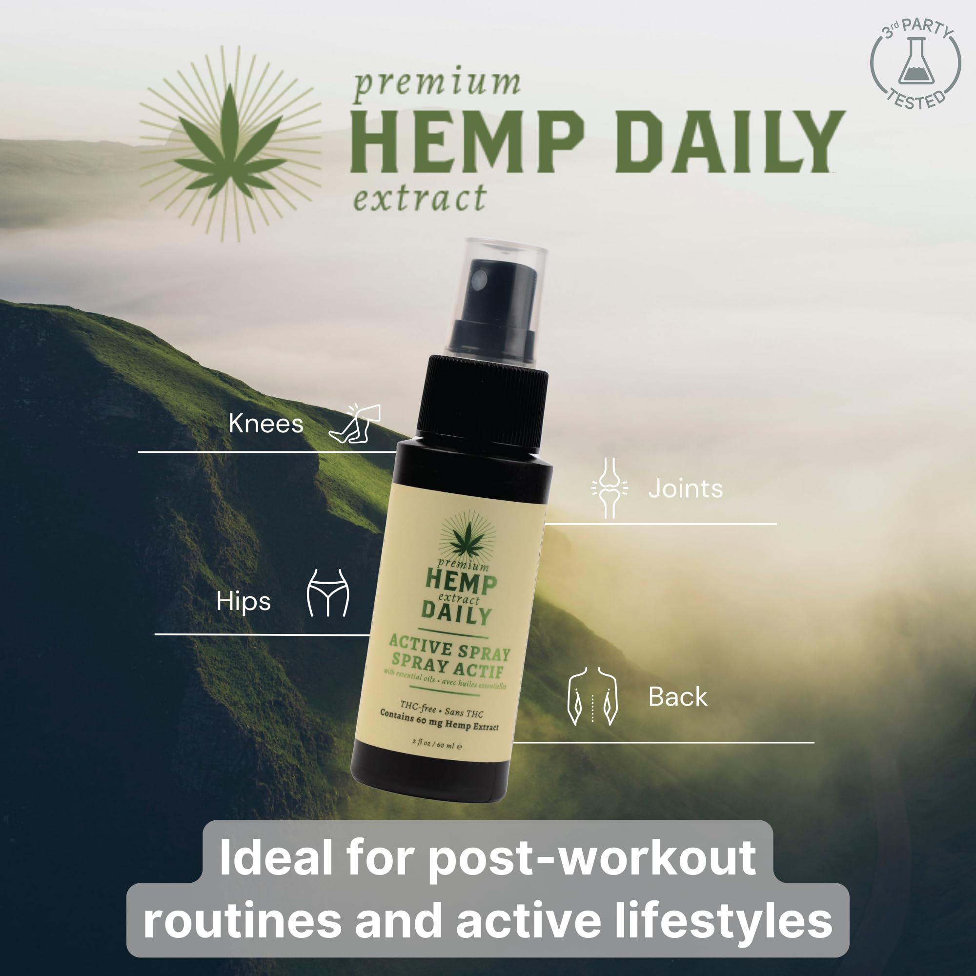 Organic hemp extract and essential oils highlighted in the spray for natural care.