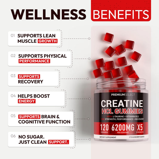 Premium Select Nutrition Creatine HCL Gummies label close-up highlighting vegan formula.