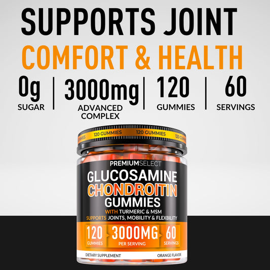 Premium Select Nutrition glucosamine gummies turmeric close-up highlighting anti-inflammatory ingredients.