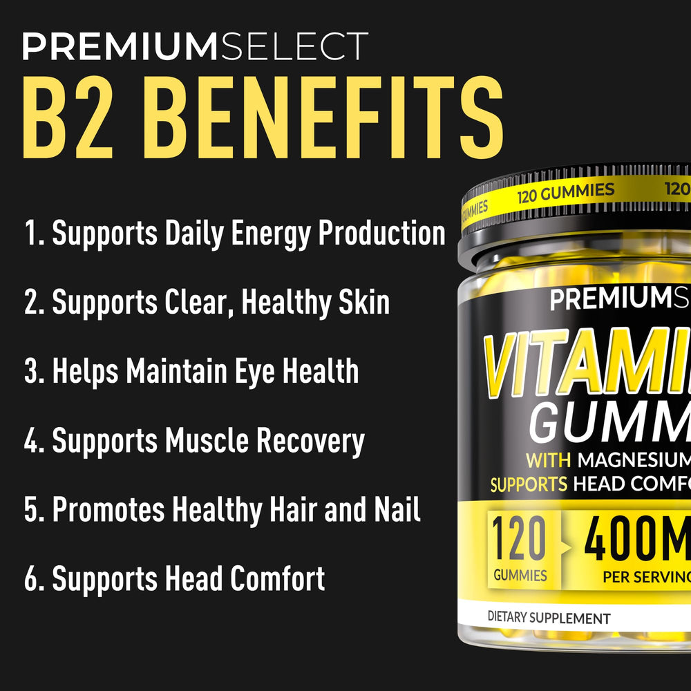Premium Select Nutrition Vitamin B2 Gummies head-comfort close-up showing calm focus