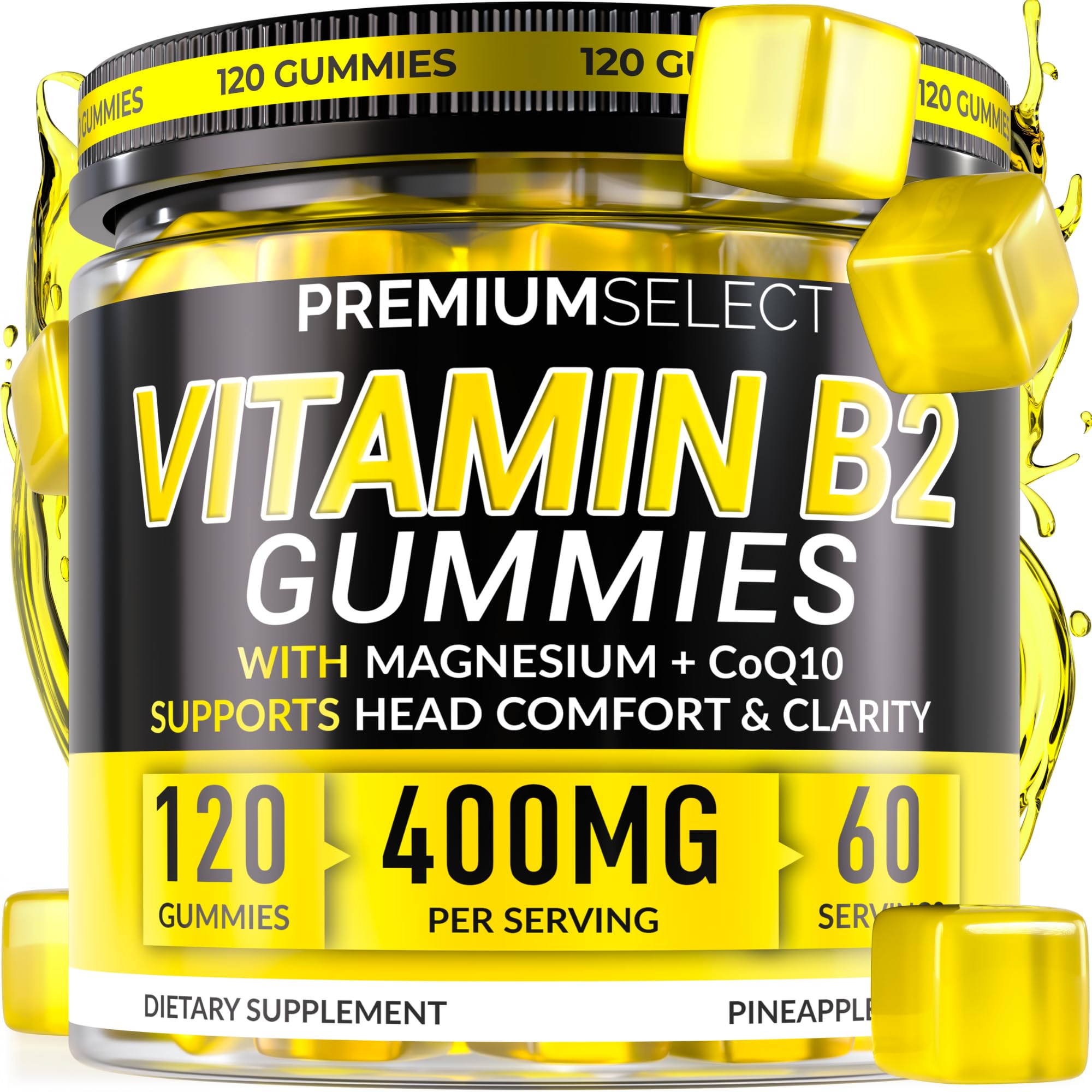 Premium Select Nutrition Vitamin B2 Gummies bottle close-up highlighting 400mg riboflavin per serving for energy metabolism