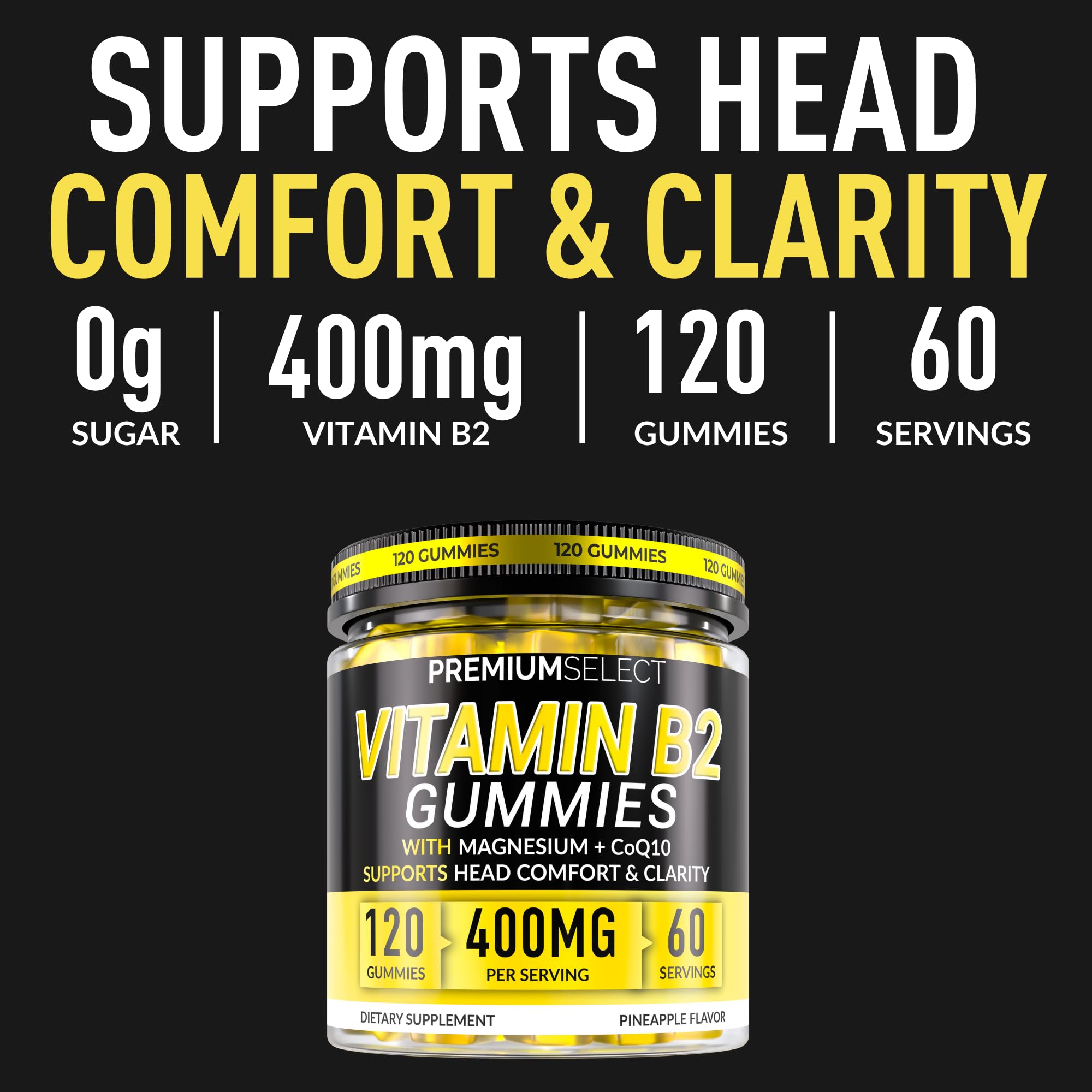 Premium Select Nutrition Vitamin B2 Gummies pineapple flavor pack shot showcases vegan formula for daily energy support