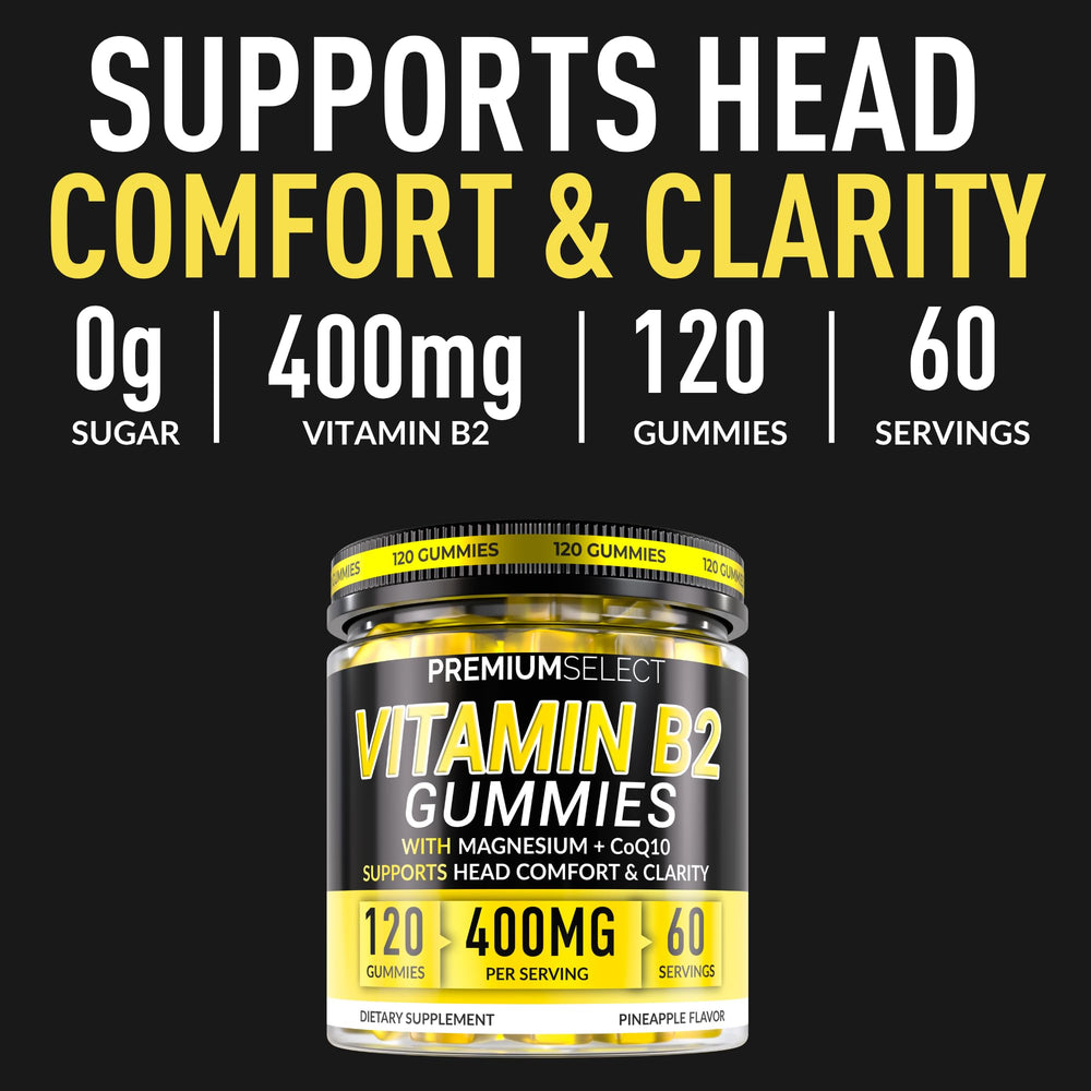 Premium Select Nutrition Vitamin B2 Gummies pineapple flavor pack shot showcases vegan formula for daily energy support