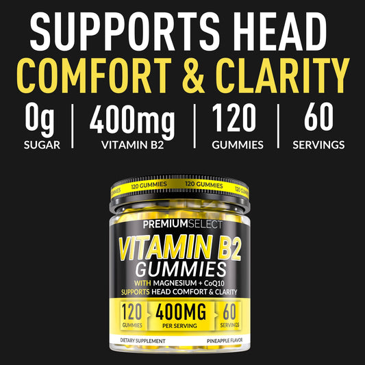 Premium Select Nutrition Vitamin B2 Gummies pineapple flavor pack shot showcases vegan formula for daily energy support