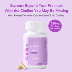 Premom bottle with label signaling quality choline supplement for pregnancy nutrition.