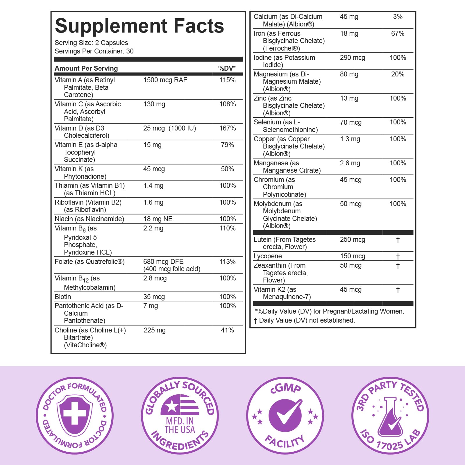 Premom ingredient list card emphasizing 27 traceable nutrients