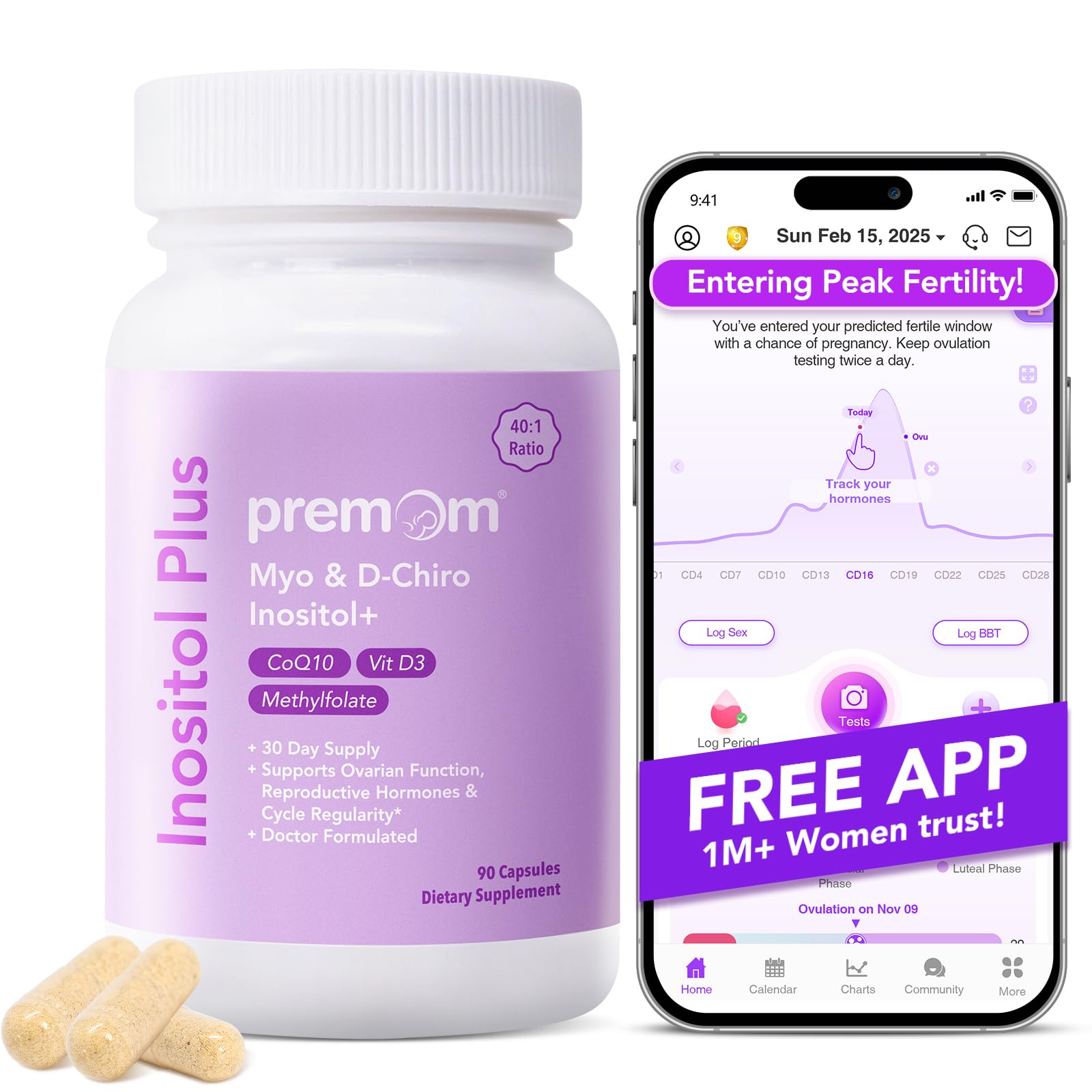 Premom Inositol Plus bottle front highlights hormonal balance support
