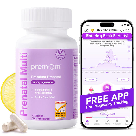 Premom Prenatal bottle overview: supports daily nutrient intake for pregnancy readiness and long-term wellness.