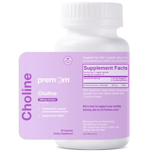 Premom Prenatal Choline bottle close-up highlighting 550 mg per serving for prenatal nutrition.