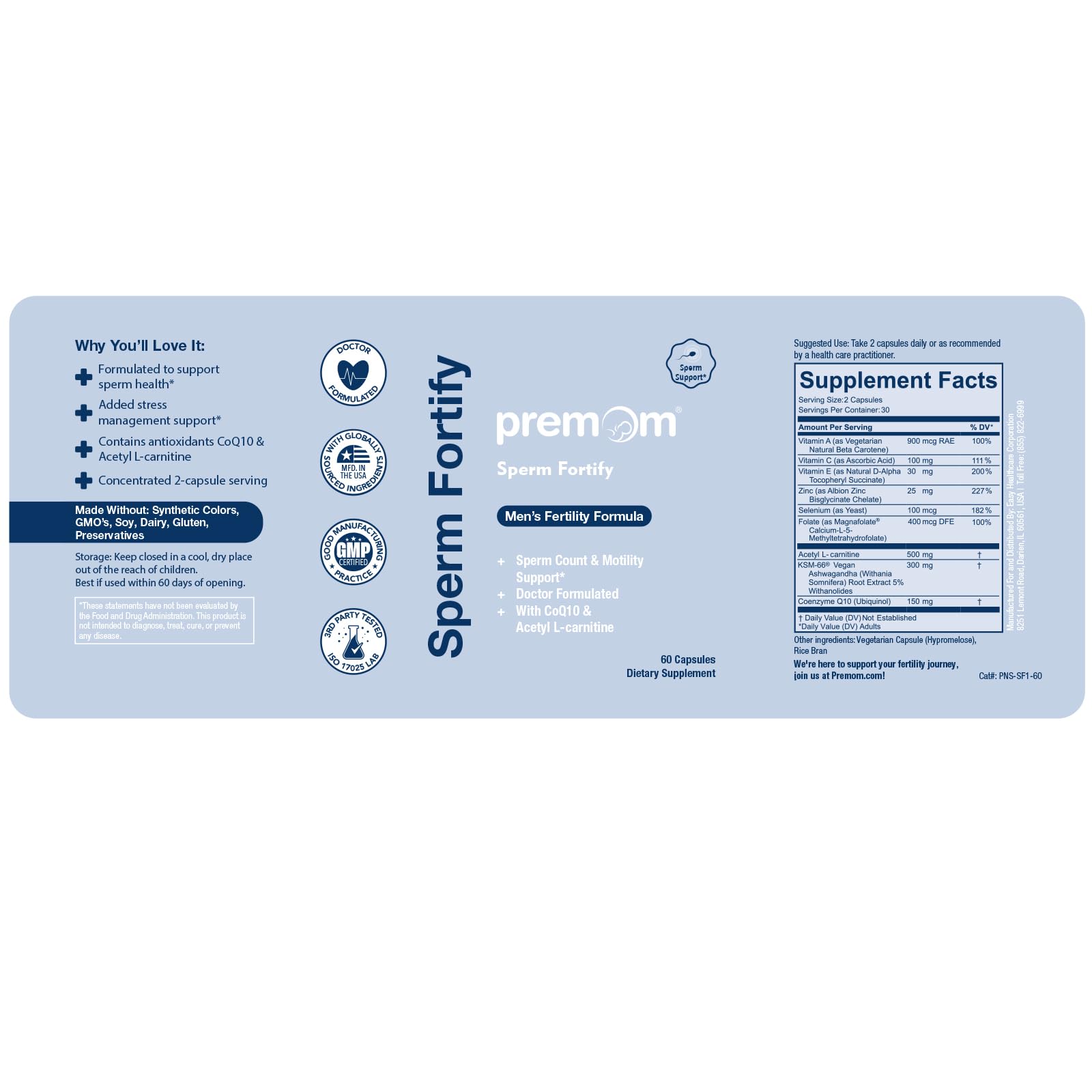 Premom Sperm Fortify ingredient list includes zinc, selenium, and acetyl-L-carnitine.
