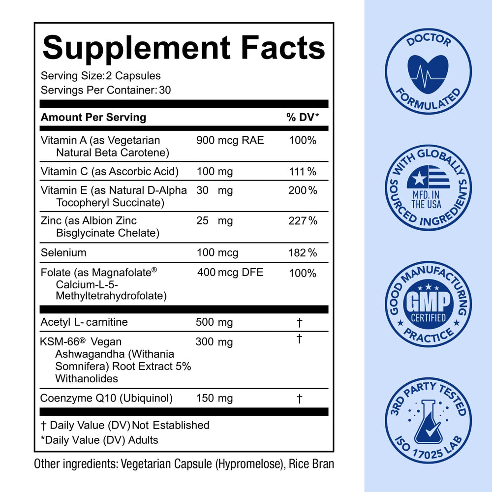 Premom Sperm Fortify label highlights vegan Ashwagandha and CoQ10 ingredients.