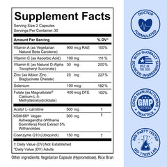 Premom Sperm Fortify label highlights vegan Ashwagandha and CoQ10 ingredients.