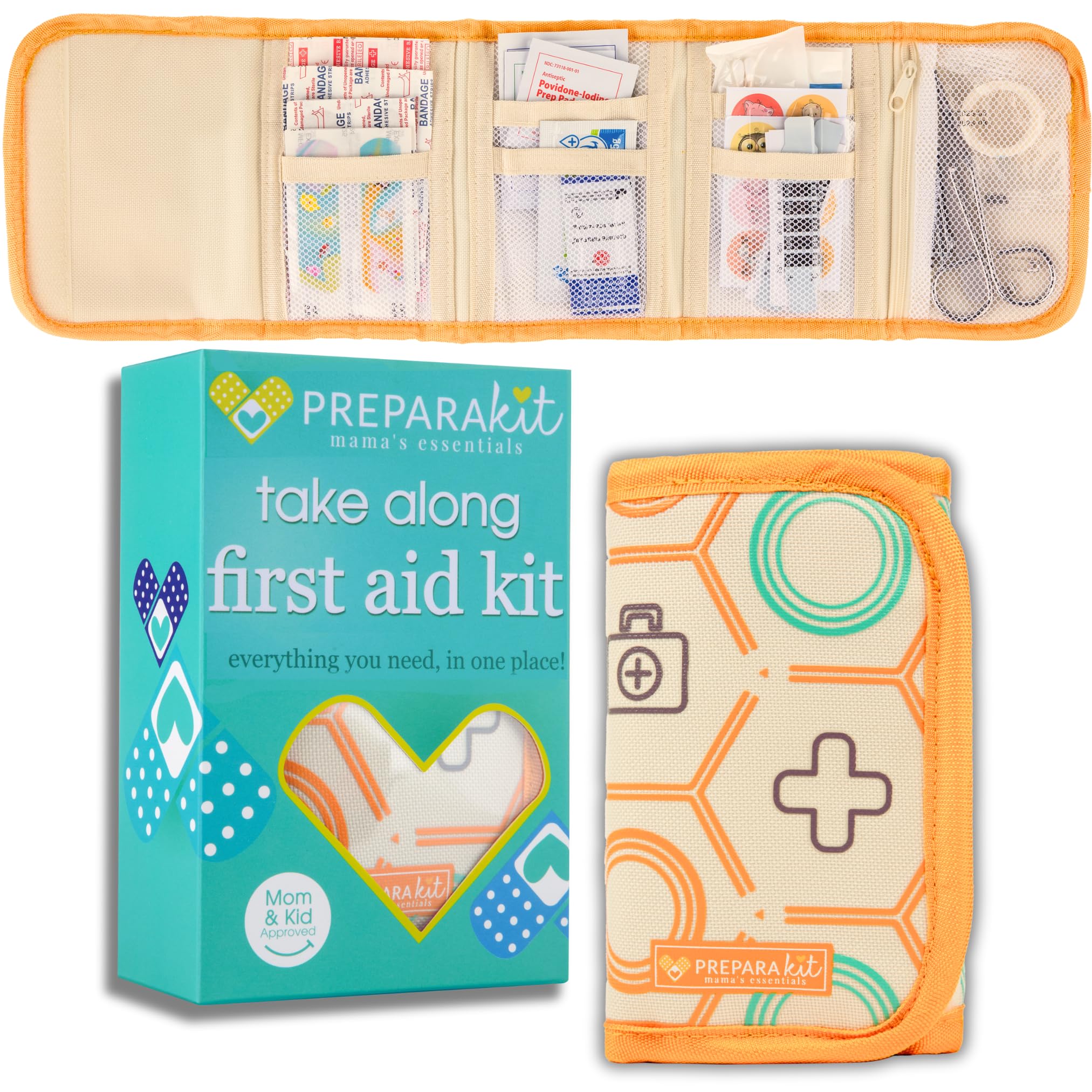 PreparaKit Orange Crush travel kit in a diaper bag for on-the-go kid care.