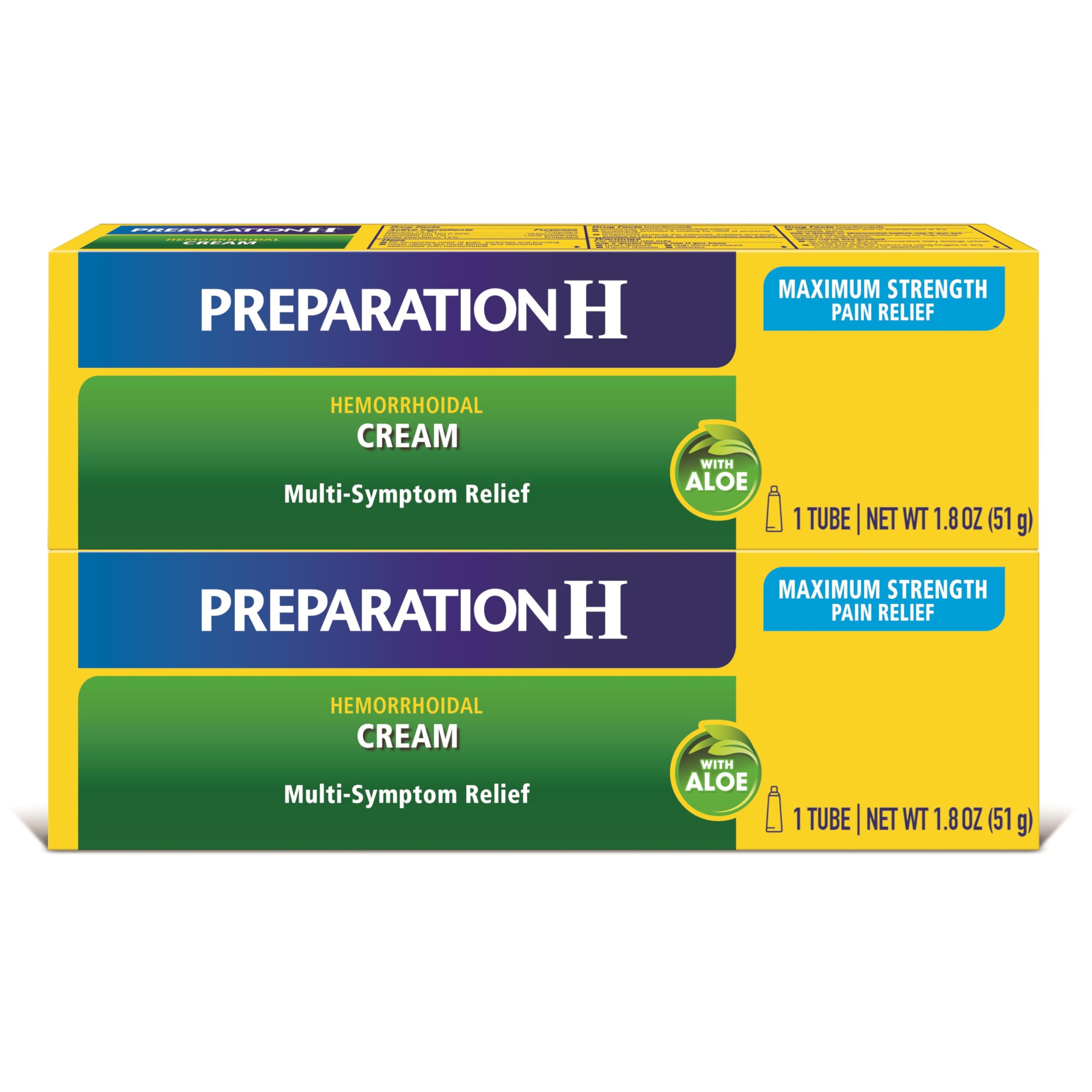 Preparation H maximum-strength cream tube shown for external hemorrhoid symptom relief.