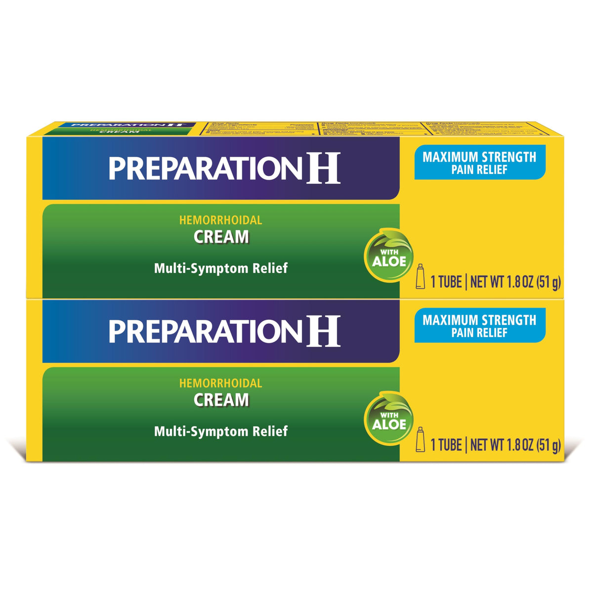 Preparation H maximum-strength cream tube shown for external hemorrhoid symptom relief.