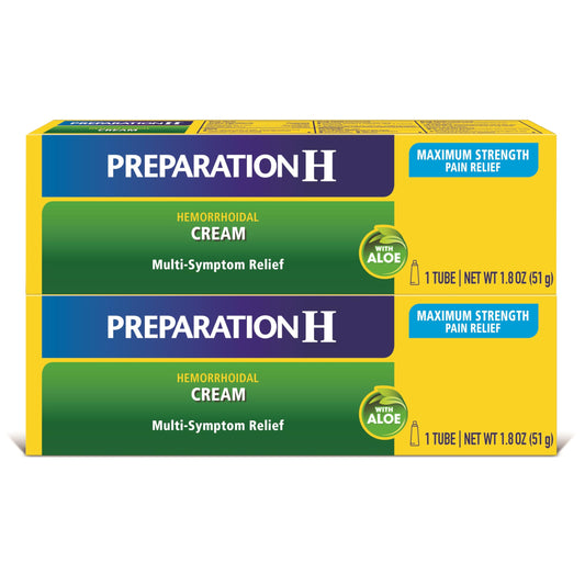 Preparation H maximum-strength cream tube shown for external hemorrhoid symptom relief.
