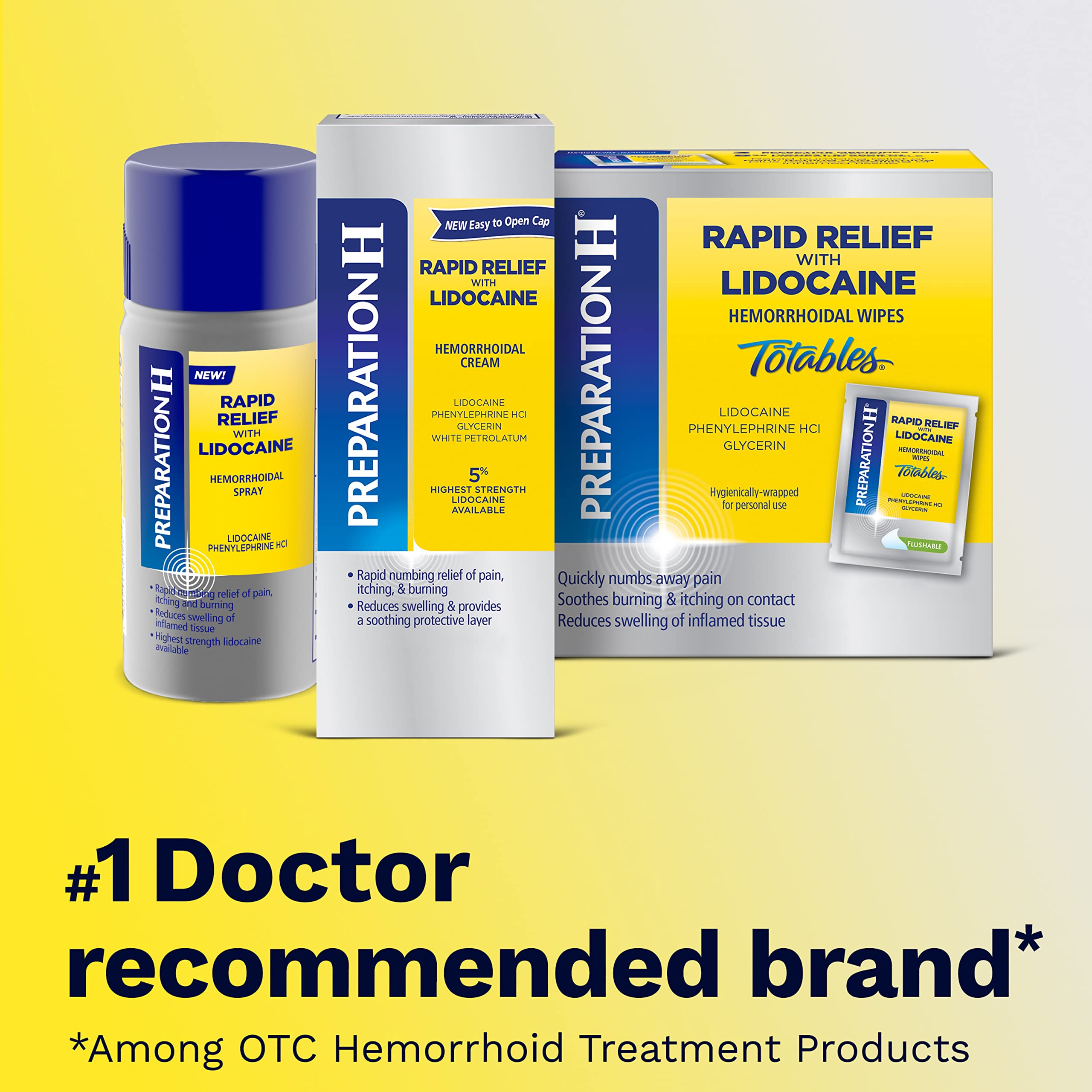 Preparation H Rapid Relief lidocaine bottle beside cream in display