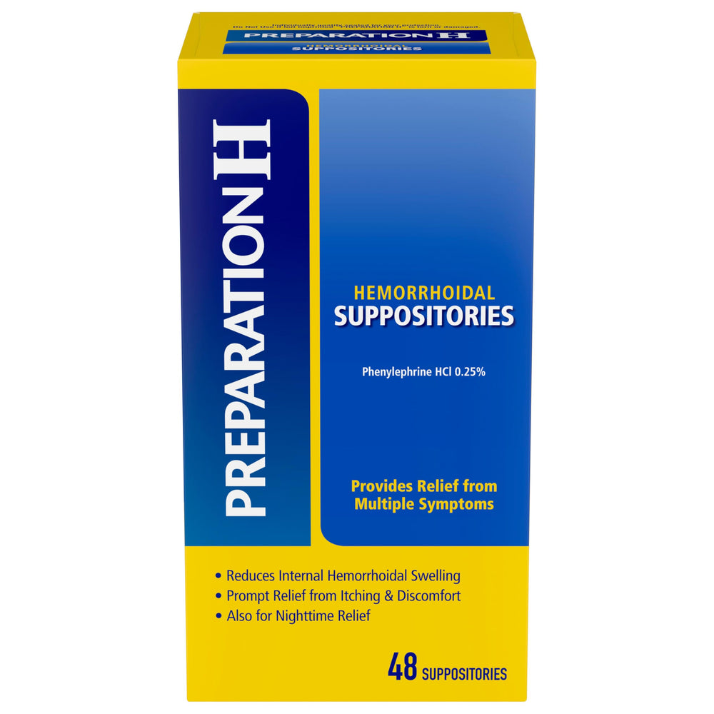 Preparation H box 48-count front view for quick relief.