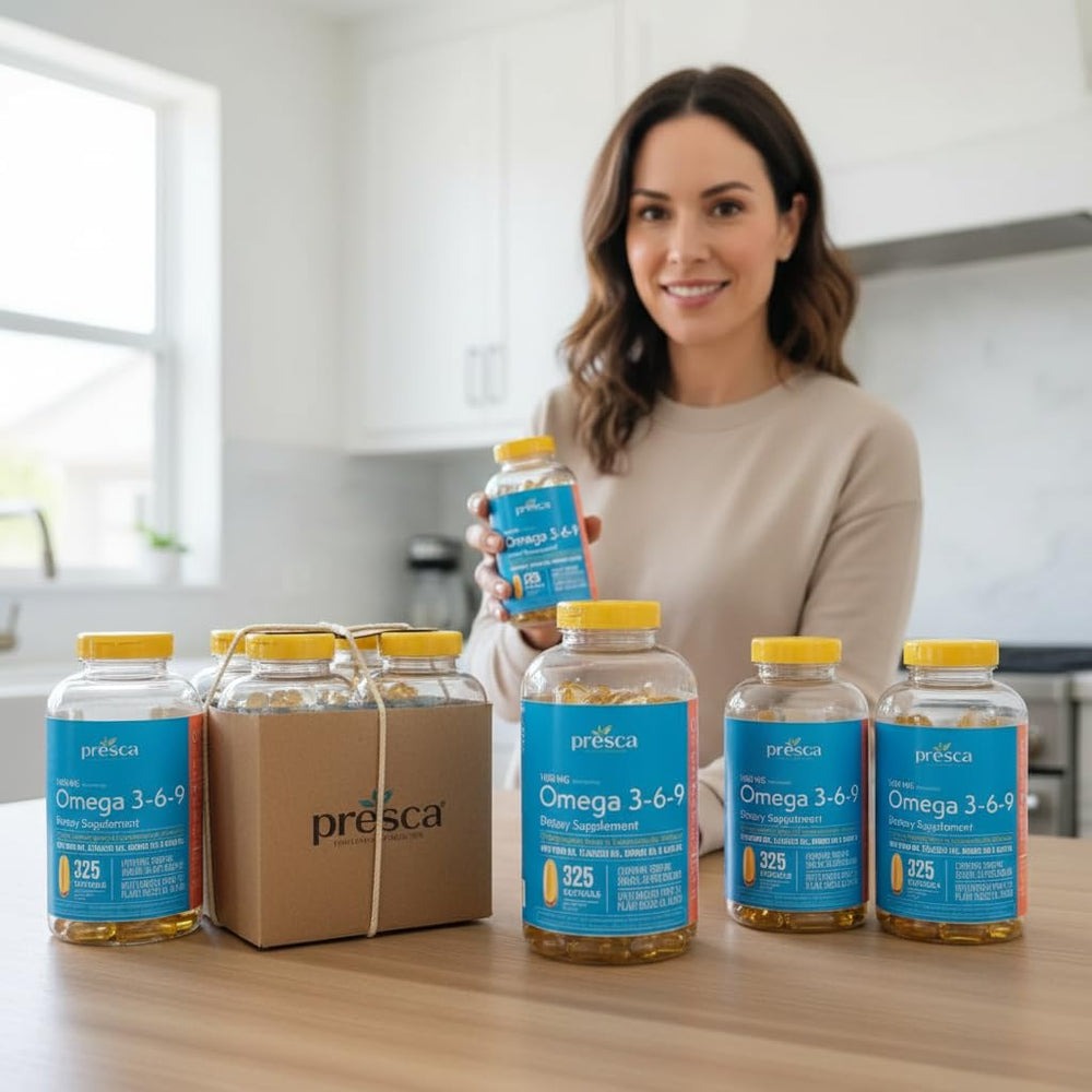 Daily wellness routine using Presca Omega 3-6-9 softgels with meals.
