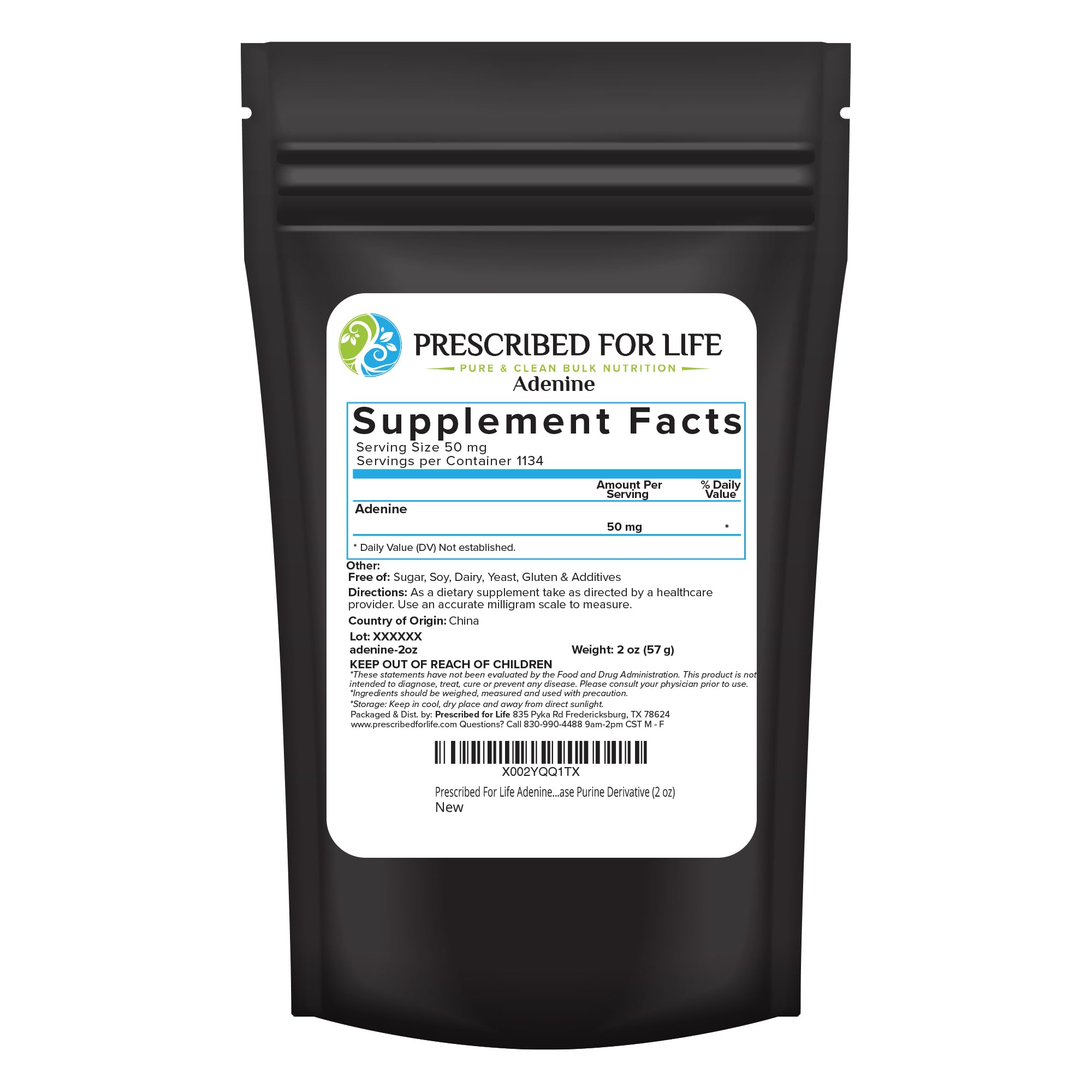 Prescribed For Life adenine powder bottle shows pure formula for daily energy support.