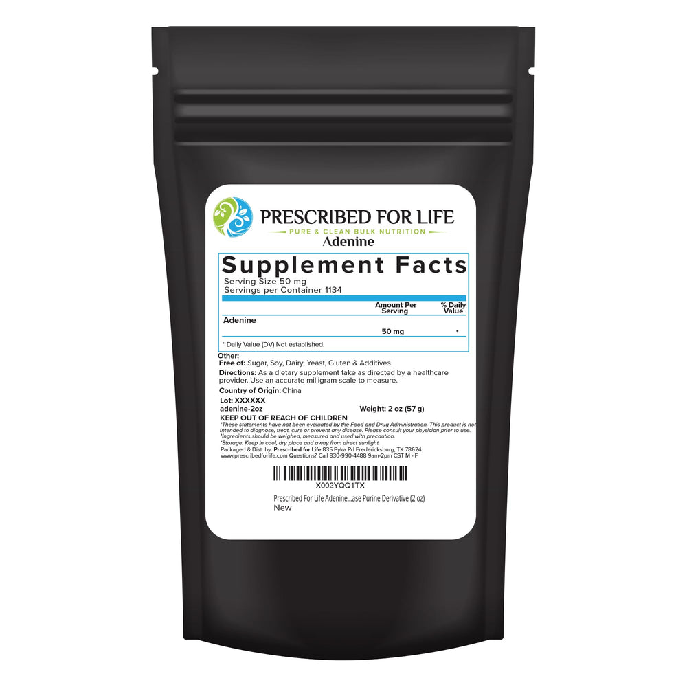 Prescribed For Life adenine powder bottle shows pure formula for daily energy support.