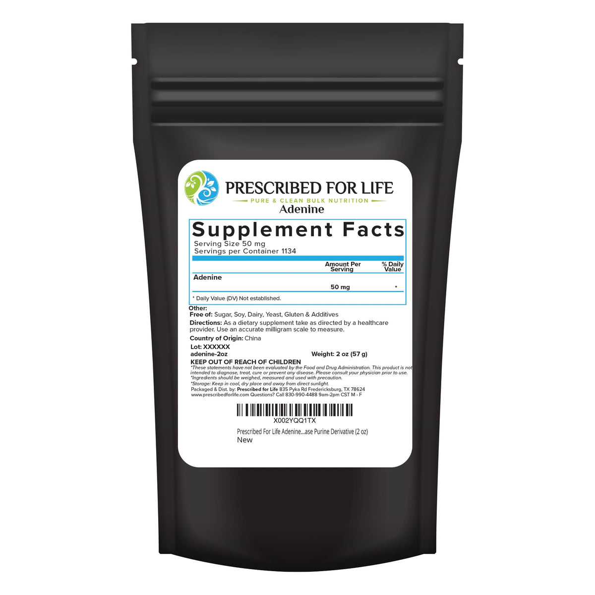 Prescribed For Life adenine powder bottle shows pure formula for daily energy support.