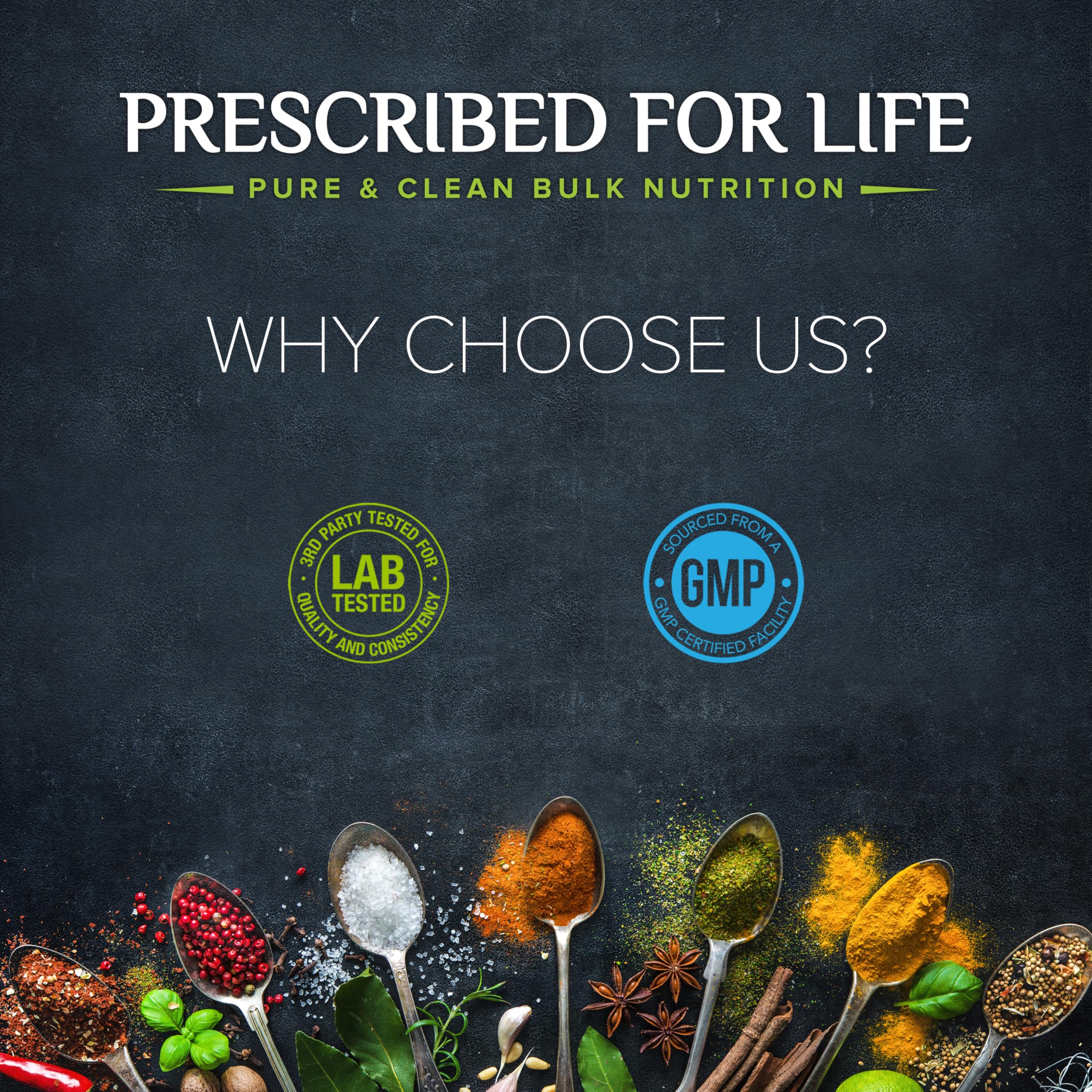 Prescribed For Life Apple Fiber Powder bulk packaging emphasizes available sizes.