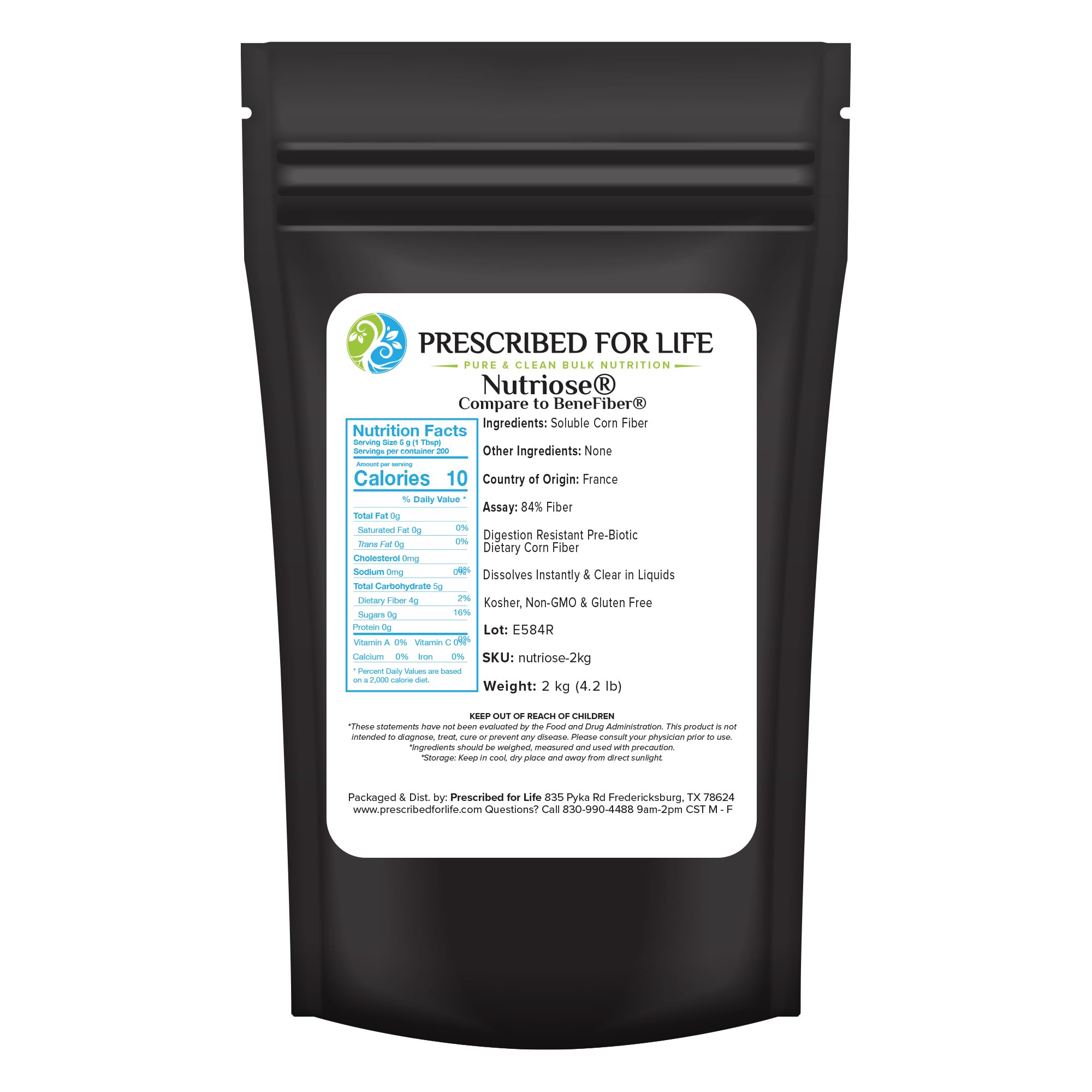 Prescribed For Life Nutriose powder pouch front for convenient daily fiber support